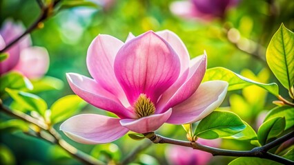 Obraz premium Delicate Pink Magnolia Blossom with Lush Green Leaves - Spring Floral Photography