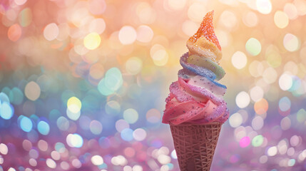 Colorful rainbow ice cream cone surrounded by frosty ice and glowing pink pastel background