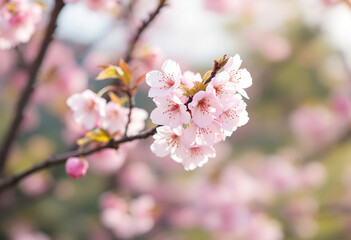 Obraz premium A close-up of a blooming pink cherry blossom tree with soft focus background