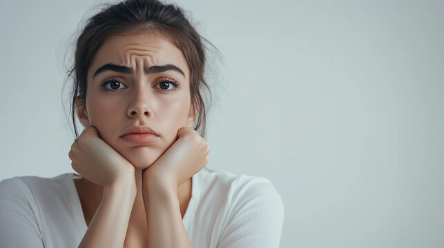 Young woman with a worried expression rests her chin on her hands, looking directly at the camera. 
