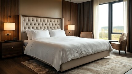 Luxurious hotel suite featuring a plush king size bed and modern decor in a serene environment