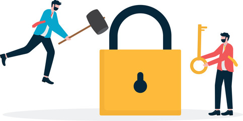 One hand hold the key while other hold hammer to open the lock. Metaphor of working smarter not harder.

