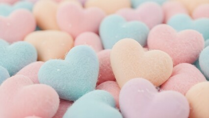 Fototapeta premium Fluffy pastel-colored hearts in shades of pink, blue and yellow on a clean background, representing love - happiness and a soft romantic atmosphere