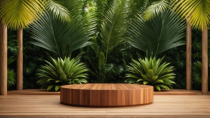 Fototapeta premium Tropical paradise: wooden platform amidst lush green palms and ferns