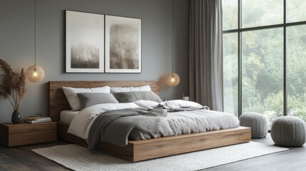 Obraz premium Modern bedroom with minimalistic design and large windows offering a serene view of nature