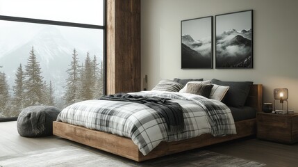 Cozy bedroom with mountain views showcasing modern design and a serene atmosphere in a rustic retreat setting