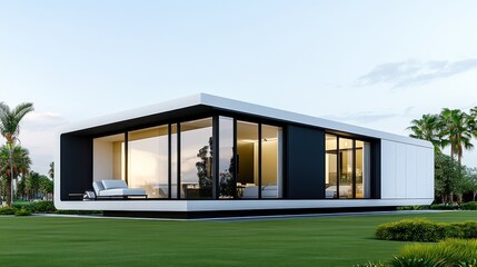 Fototapeta premium Modern minimalist house with large windows and green surroundings.