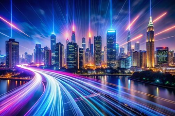 Fototapeta premium Long Exposure City Lights Blurred Data Streams - Cybersecurity & Privacy