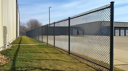 Black chain link fence secures the perimeter of a commercial property, providing safety and access control