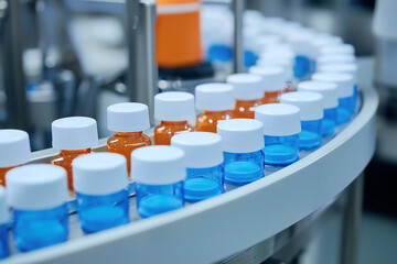Obraz premium Modern packaging line for small bottles in factory