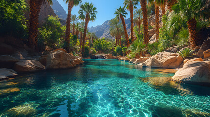 Photography of a tropical oasis in the middle of a desert, with a clear blue pool of water surrounded by towering palms and lush vegetation.