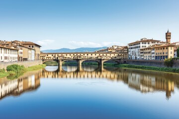 Fototapeta premium Nighttime view of the historic Ponte Vecchio bridge reflecting in the Arno River in Florence, Italy