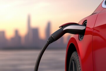 Electric Vehicle Charger Market concept. Red electric vehicle charging in urban sunset setting.