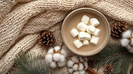 Warm and cozy hot beverage with marshmallows surrounded by seasonal decor and soft textures