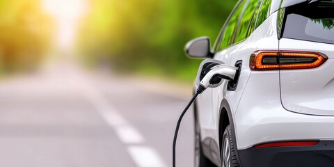Naklejka premium Electric Vehicle Charger Market concept. Electric car charging on a scenic road surrounded by greenery.