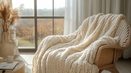 Cozy knit blanket draped over a rattan chair in a sunlit room reflecting autumn hues outside