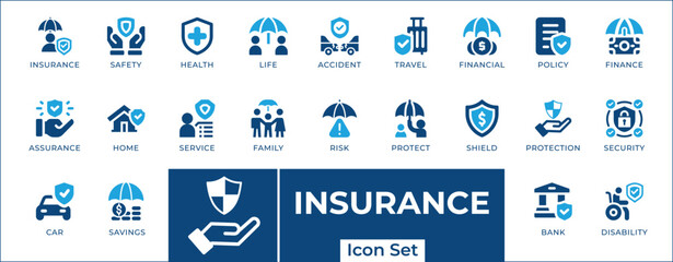 Insurance and Protection Icon Set. Health, Car, Home, Life, and Travel Coverage Vector Symbols