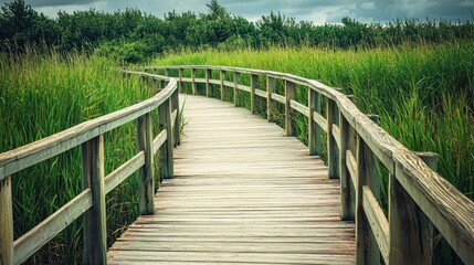 Fototapeta premium A boardwalk stretching through a coastal marsh with wooden railings.