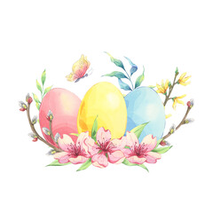 Watercolor easter composition of colored eggs, pink almond flowers, willow branches, catkin, forsythia, fresh green leaves and butterfly. Perfect for greeting cards and invitations