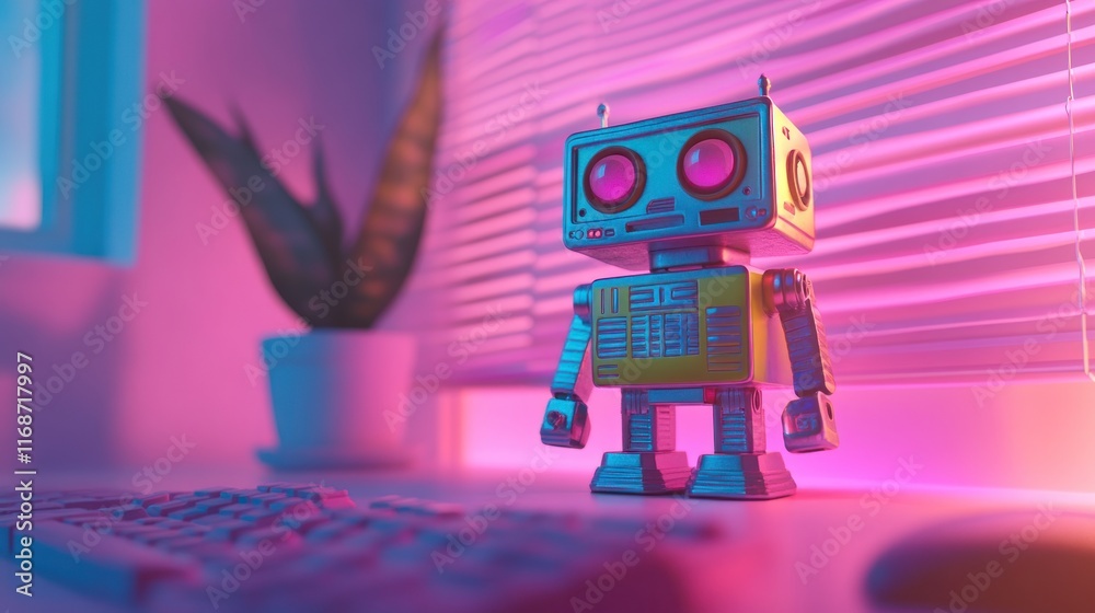 Poster a colorful robot figurine stands on a desk beside a plant and keyboard, creating a playful workspace