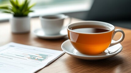 SEO charts with a cup of tea in the foreground. Generative AI