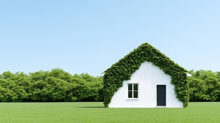 Fototapeta premium A white house covered in greenery against a clear blue sky.