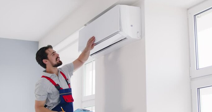 Split system cleaning indoor unit, filters and coils, air flow and temperature analysis testing and inspection by HVAC inspector, proper cooling or heating, fixing, installation by professional man