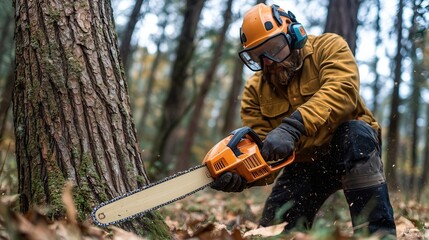 Lumberjack with safety gear uses a chainsaw to fell a tree in a forest, demonstrating responsible forestry practices