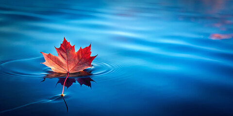 A vibrant red maple leaf drifts on tranquil blue water, surrounded by gentle ripples. This peaceful autumn scene captures the beauty of nature’s transition