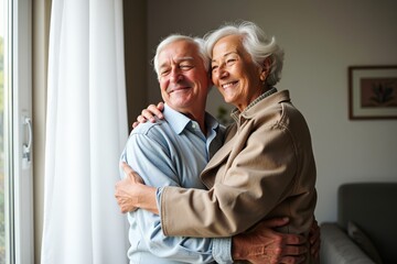 Heartwarming Elderly Couple Embracing in Cozy Living Room - Perfect for Family, Love, and Senior Living Themed Stock Photos