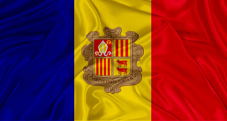Realistic Andorra flag waving. Close up of flag of Andorra with cloth texture