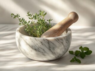 Marble Mortar and Pestle with Fresh Herbs on a White Table