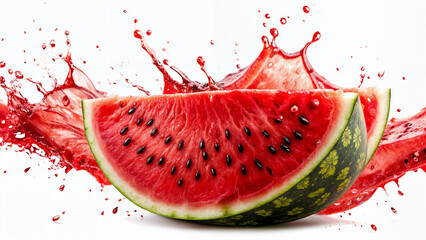 Juicy watermelon slices are positioned with a splash of water around them, showcasing vibrant colors and textures. This scene reflects summer freshness and deliciousness