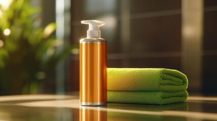 Orange bug spray bottle with stack of green towels in modern bathroom. Generative AI