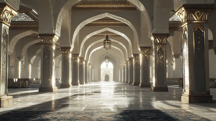 Obraz premium A serene mosque interior with soft lighting and a row of prayer rugs, suitable for worship backgrounds.