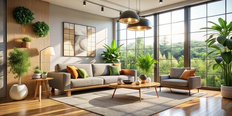 AI-generated minimalist living room: clean lines, simple d&eacute;cor, stylish apartment, modern design.