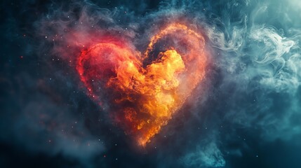 A vibrant, fiery heart radiating heat and passion, surrounded by swirling smoke, evoking emotions of love and energy.