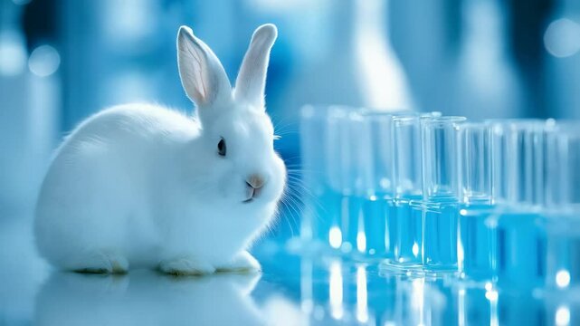A white rabbit sitting near test tubes with blue liquids, illuminated in a sterile laboratory