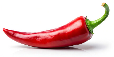A single red chili pepper rests on a white surface, showcasing its glossy texture and elongated shape. The green stem adds a vibrant contrast to the red