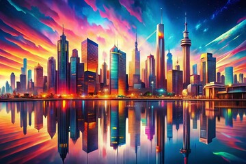 Fototapeta premium Digital Cityscape Mirage: Futuristic City Reflection Distortion Illustration
