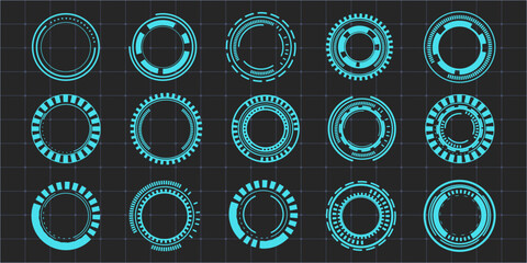 Hud aim pointer optical target, Futuristic focus range indicators, laser crosshair collimator sight. Measurement sniper for sniper gun. Game interface design ui element