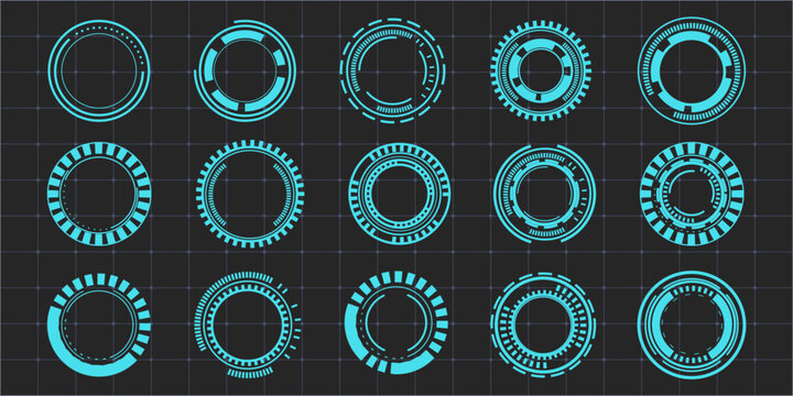Hud aim pointer optical target, Futuristic focus range indicators, laser crosshair collimator sight. Measurement sniper for sniper gun. Game interface design ui element