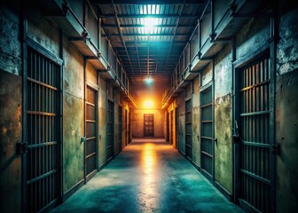 Dimly Lit Prison Hallway with Barred Cell Door - Stock Photo