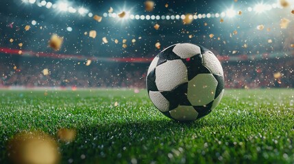 Fototapeta premium A soccer ball being kicked on a green field during a match.