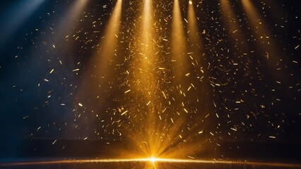 A dazzling stage illuminated by golden rays and sparks creates a captivating background for a stock photo