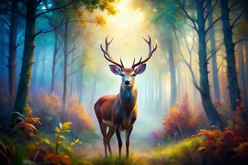 Long Exposure Watercolor Deer Painting, Magical Forest Animal Art
