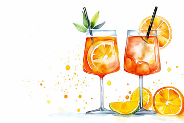 A beautifully detailed watercolor painting of a refreshing orange cocktail in a tall glass filled with ice cubes, garnished with an orange slice and surrounded by fresh green leaves and whole limes. 