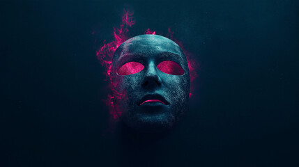 Makellose Gesichtsmaske schwebend in dunkler Atmosphäre mit orangen Akzenten

