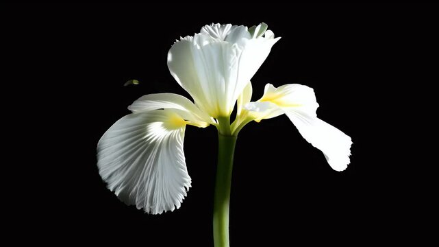 mesmerizing vertical timelapse captures delicate opening closing cycle white iris flower set stark black background