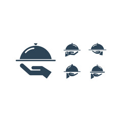 Fototapeta premium Serving food icons set. Sign hand of waiter with serving tray. Waiter serving. Isolated symbol on white background. Vector illustration.